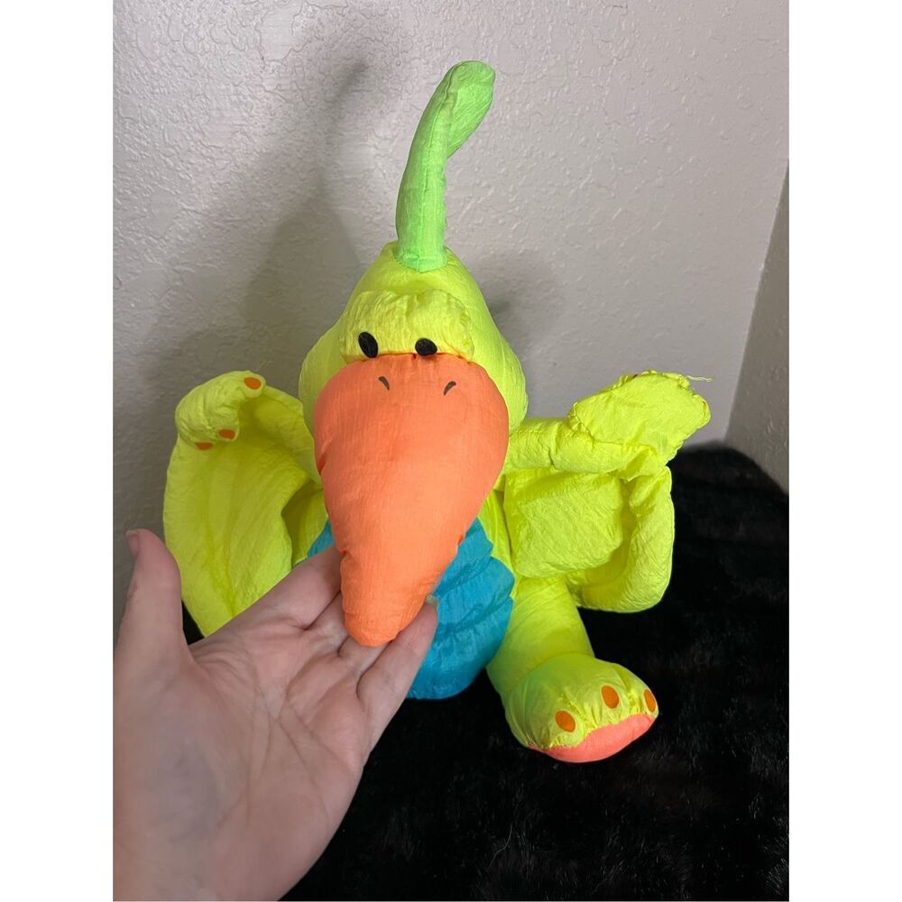 STUFFINS Dinosaur PTERODACTYL plush NEON Yellow nylon SQUEAKS Wings 15” Vintage